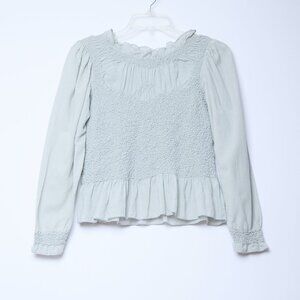 Anthropologie Smocked Ruffles Puff Sleeve Top Soft Girl Boho Light Sage XS